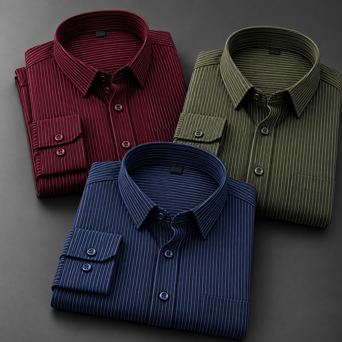 Pack of 3 Men's Fine Pinstripe Shirts – Burgundy, Green & Navy