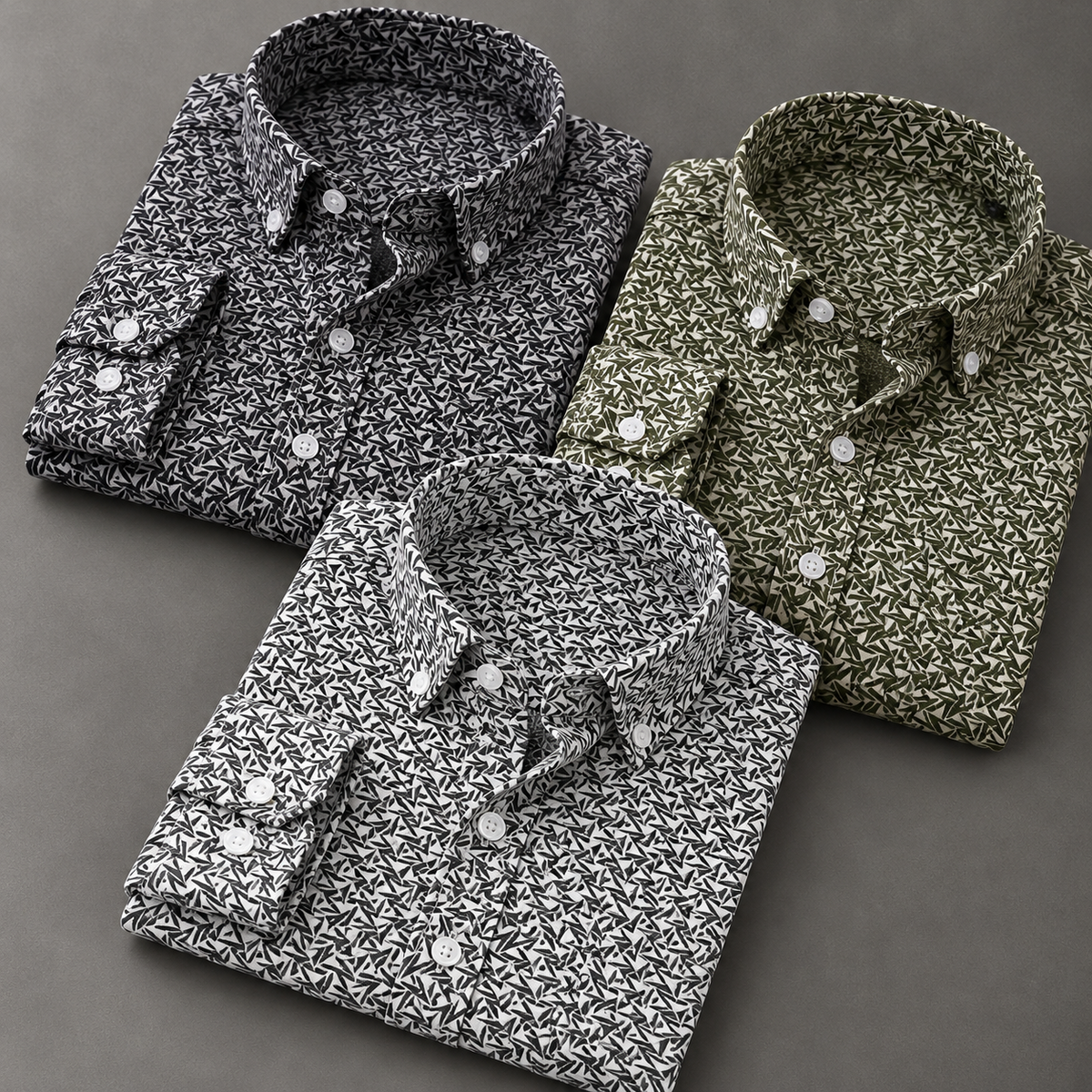 Pack of 3 Men's Geometric Print Shirts – Black, Green & White