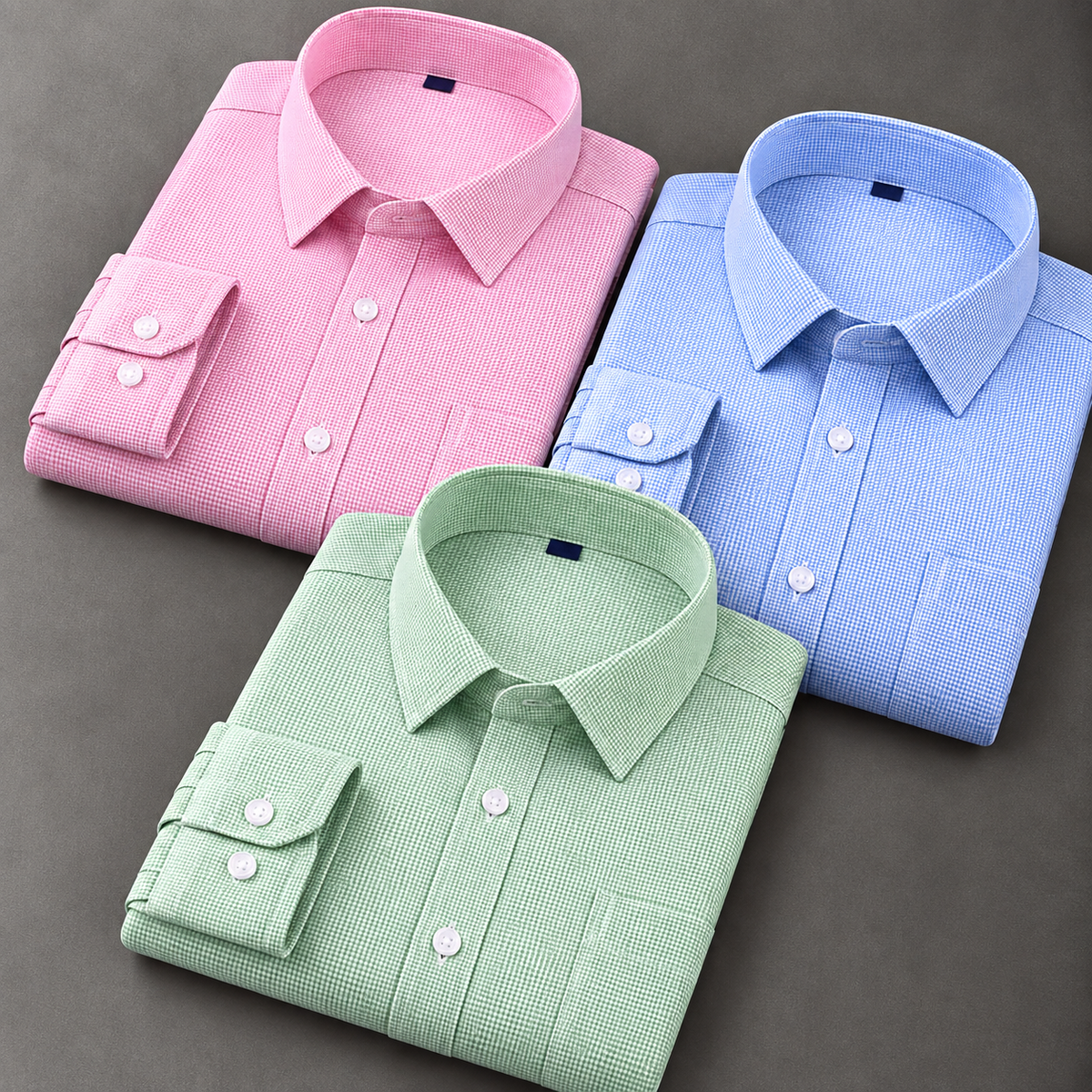 Pack of 3 Men's Fine Gingham Shirts – Pink, Blue & Green