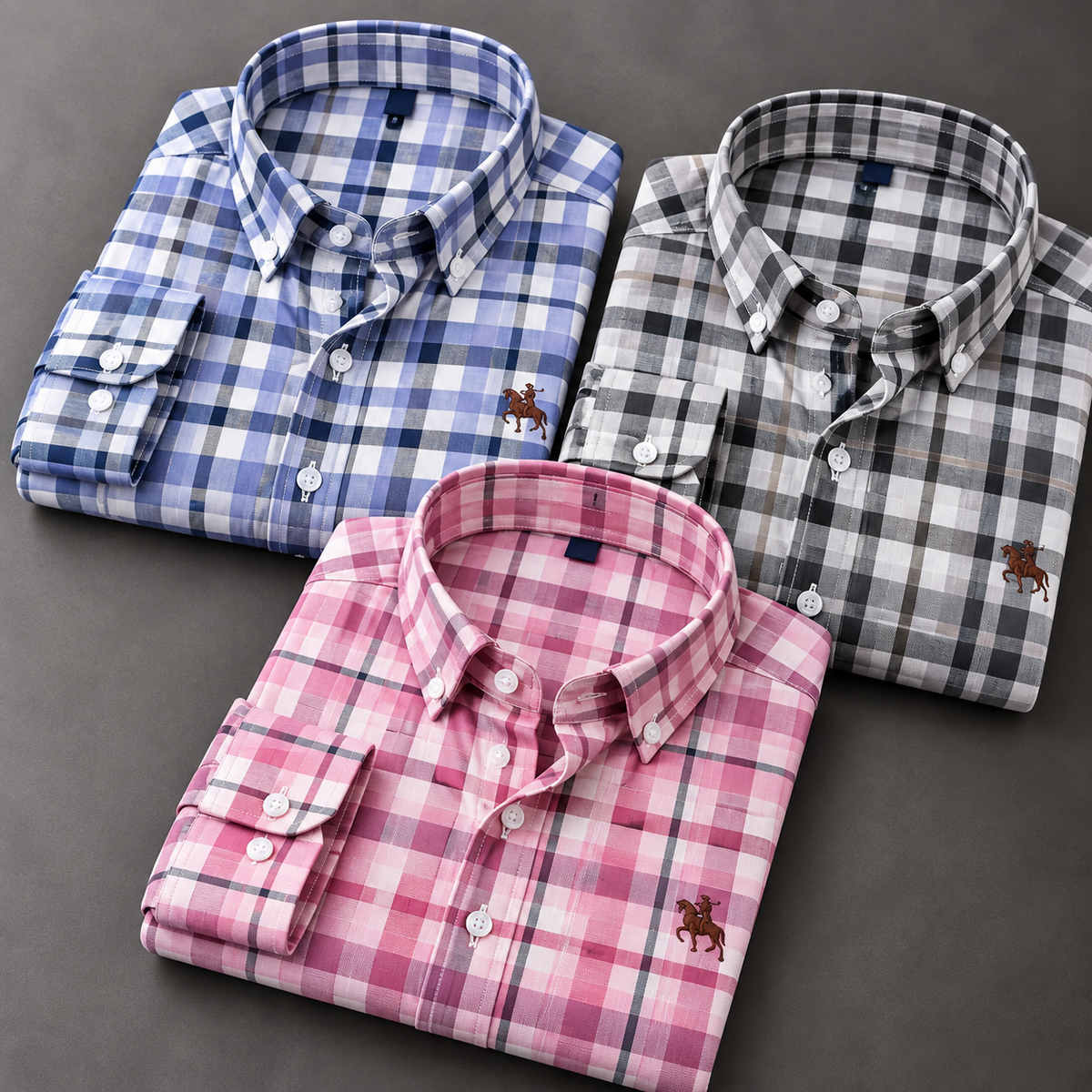 Pack of 3 Men's Classic Plaid Shirts – Blue, Grey & Pink