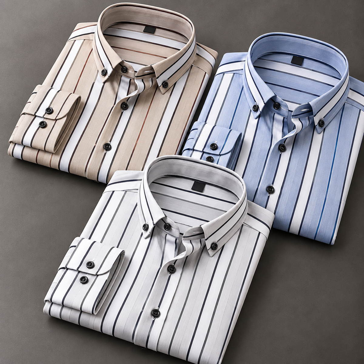Pack of 3 Men's Vertical Striped Shirts – Beige, Blue & White