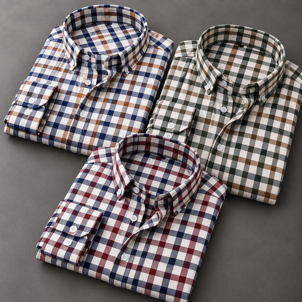 Pack of 3 Men's Classic Plaid Shirts – Blue, Brown & Green