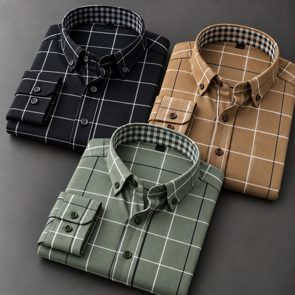 Pack of 3 Men's Windowpane Check Shirts – Black, Tan & Sage