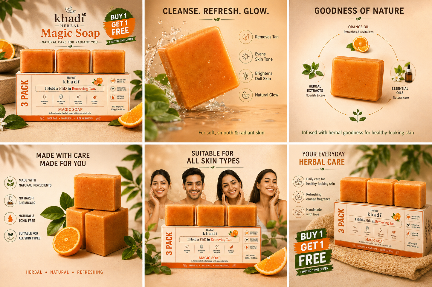Khadi Herbal Magic Detan Soap – 300g (Pack of 6) Buy 1 Get 1 Free