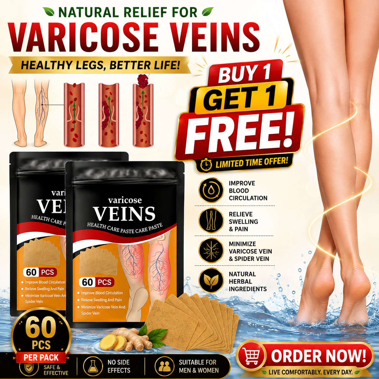 Varicose Veins Health Care Paste | Pain Relief & Blood Circulation Support (Pack of 60) Buy 1 Get 1 Free