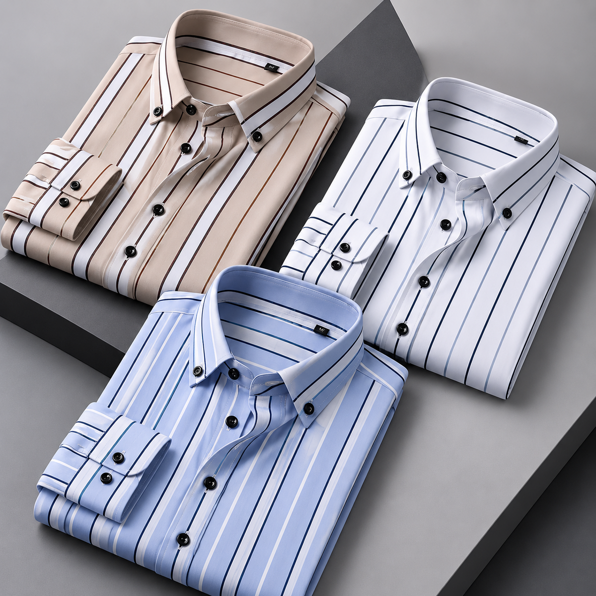Men's Striped Shirt Combo – Pack of 3 | Beige, White & Blue | Smart Full-Sleeve Casual Shirts