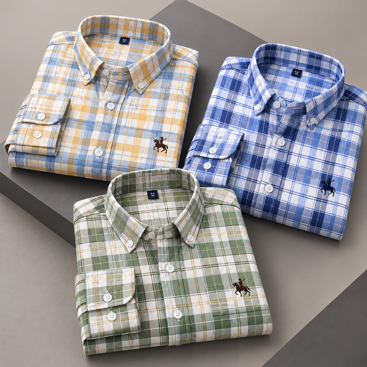 Men's Plaid Shirt Combo – Pack of 3 | Yellow, Blue & Green | Stylish Full-Sleeve Everyday Shirts