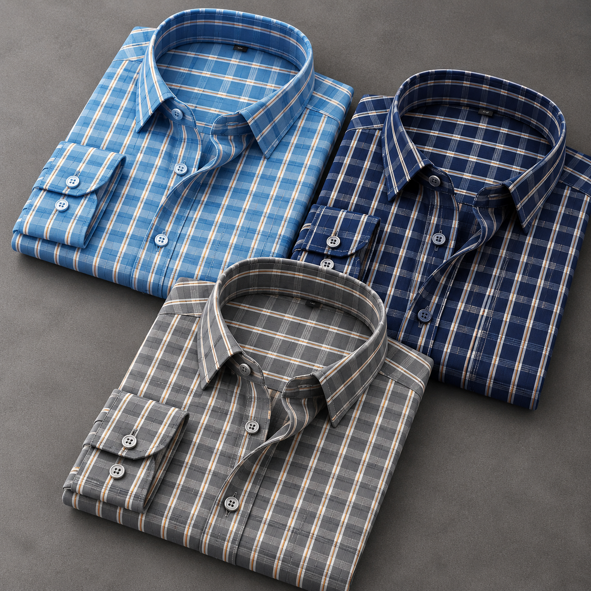 Men's Checked Shirt Combo – Pack of 3 | Sky Blue, Navy & Grey | Smart Everyday Full-Sleeve Shirts