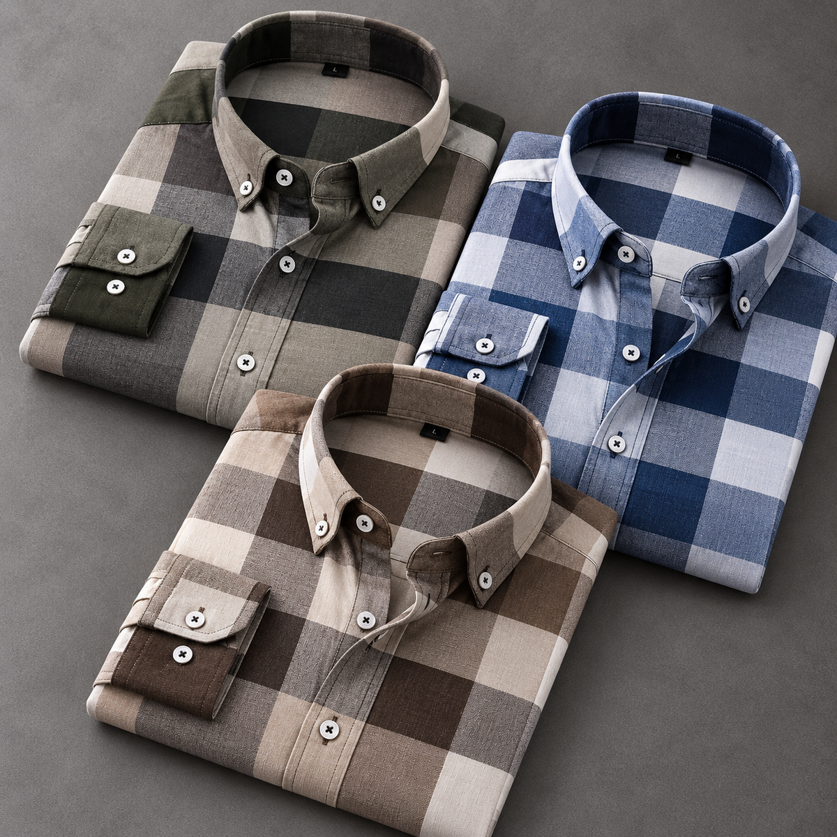 Men's Checked Shirt Combo – Pack of 3 | Olive, Blue & Brown | Stylish Full-Sleeve Everyday Shirts